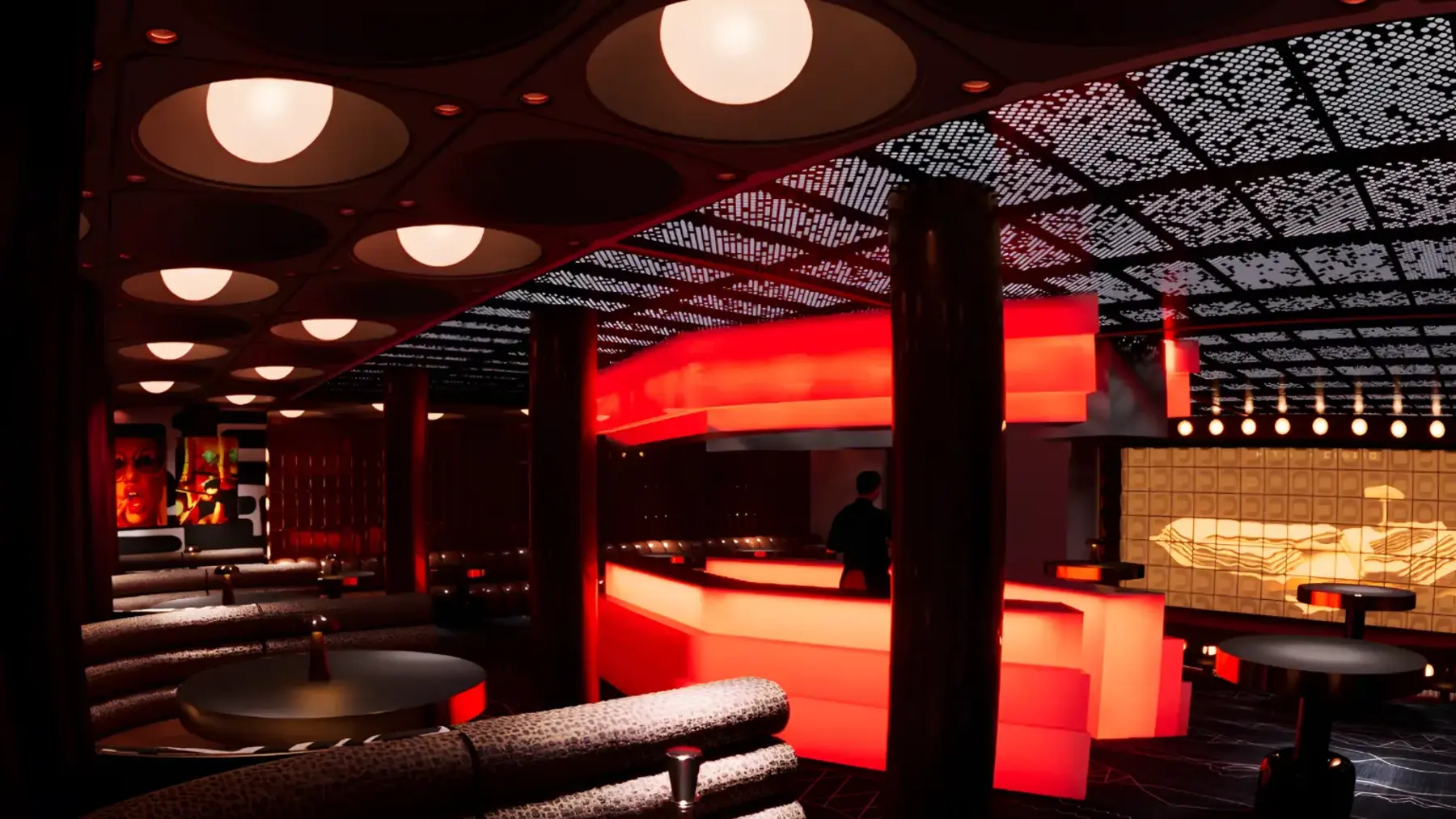 Tranquility Base Hotel & Casino 70'ler casino ve pub iç mimarlık konsepti